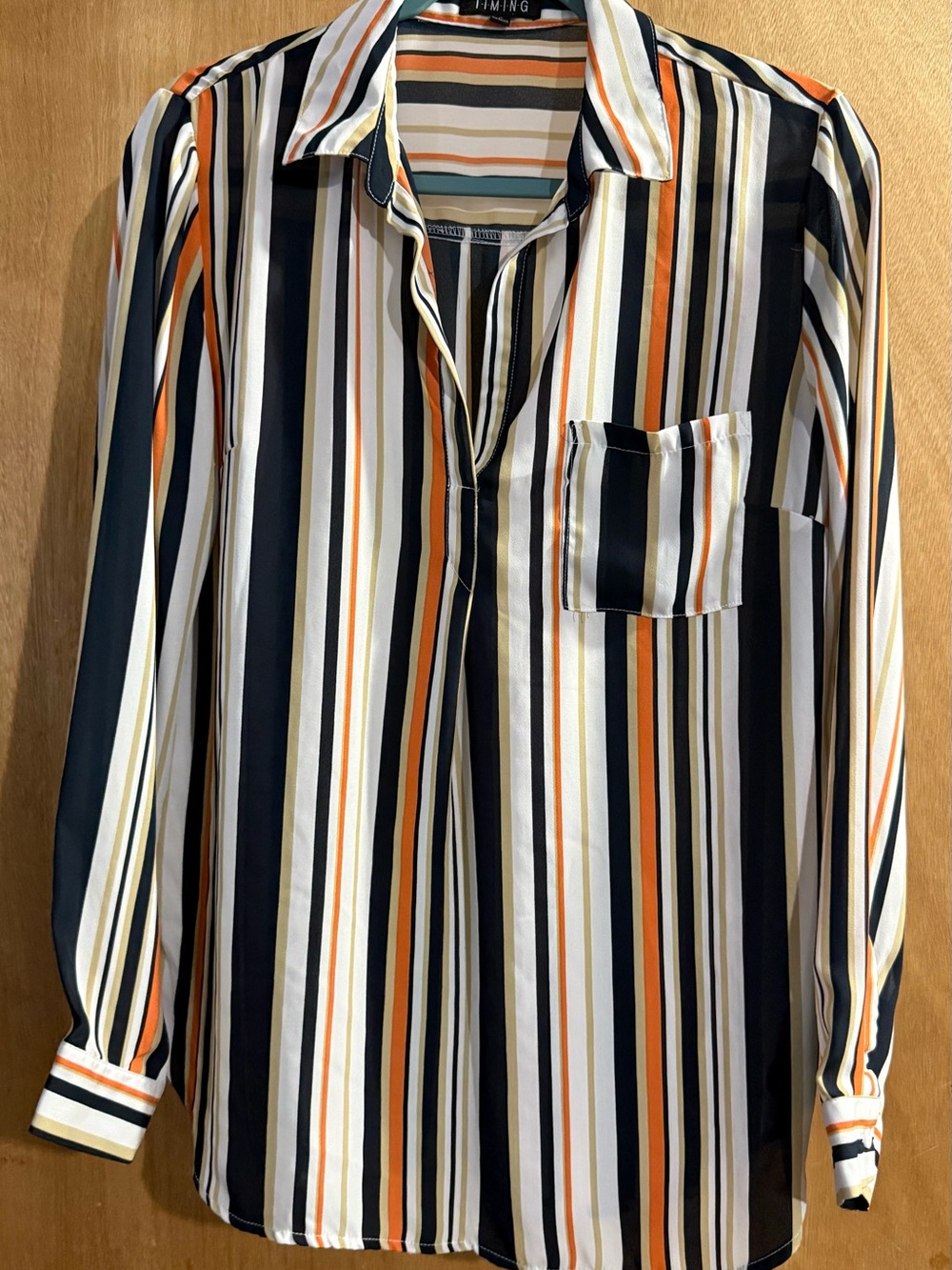 Timing Women's Vertical Stripe Blouse in Black, White & Orange